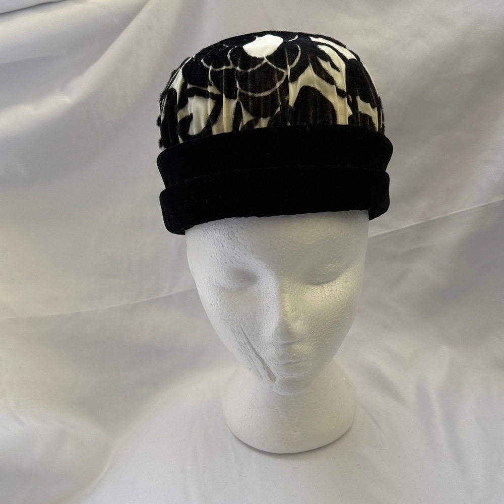 Vintage and Chic Black and Ivory Material with Velvet Floral Hat.